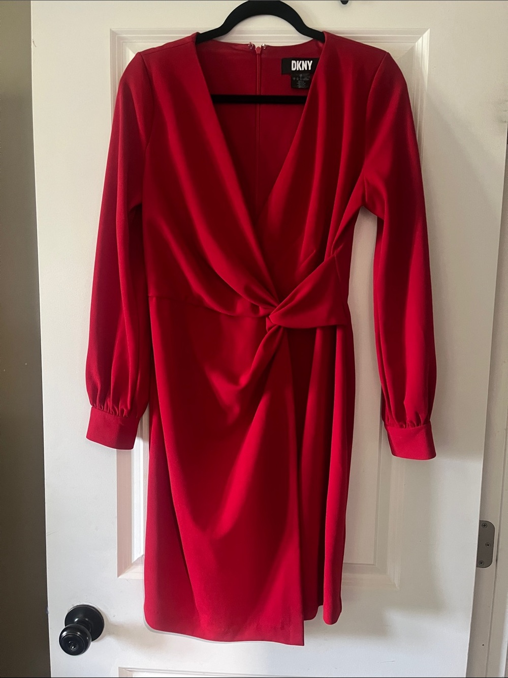 DKNY Vibrant Red Long-Sleeve Knot-Front Dress